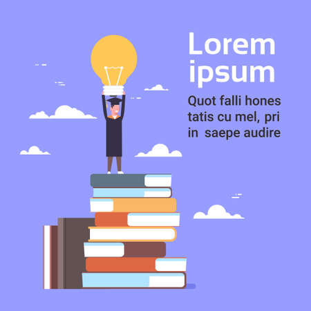 Happy Student In Graduation Cap And Gown Standing On Stack Of Books Hold Light Bulb On Blue Background With Copy Space Flat Vector Illustrationのイラスト素材