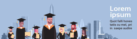 Graduation Concept Group Of Mix Race Students In Cap And Gown Hold Diploma Over Modern City Background Horizontal Banner Flat Vector Illustrationのイラスト素材