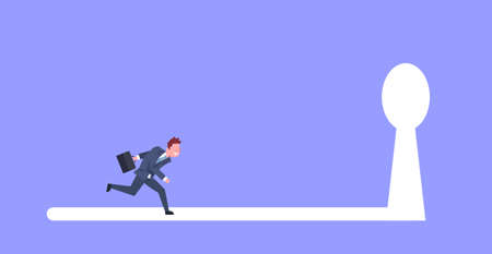 Business Man Running In Key Hole Light To Future Opportunity Concept Flat Vector Illustrationのイラスト素材