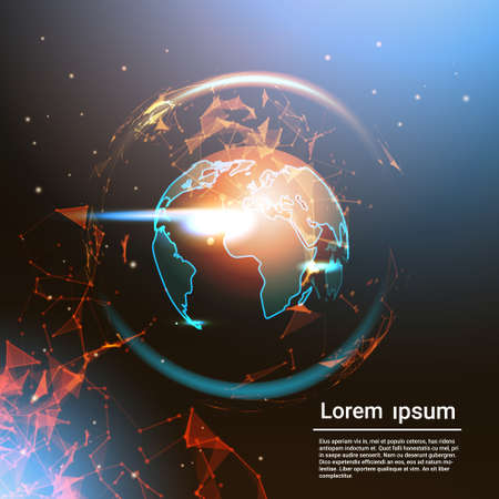 Polygonal Earth Globe Glowing On Template Background With Copy Space Low Poly Geometrical World Map Vector Illustrationのイラスト素材