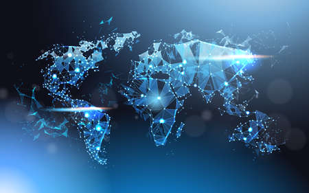 Polygonal World Map Glowing Wareframe Mesh, Global Travel And International Connection Concept Vector Illustrationのイラスト素材