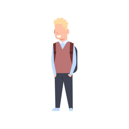School Boy With Backpack Schoolboy Pupil Kid Wearing Uniform Isolated Flat Vector Illustrationのイラスト素材