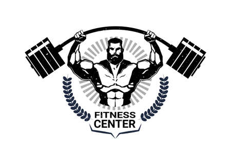 Fitness Center Emblem With Athletic Man Bodybuilder Holidng Barbell On White Background Vector Illustrationのイラスト素材