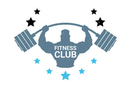 Fitness Club Logo With Silhouette Athletic Man Hold Barbell On White Background Emblem Of Modern Gym Vector Illustrationのイラスト素材
