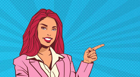 Smiling Business Woman Point Finger To Copy Space Over Pop Art Dot Background Retro Style Vector Illustration.のイラスト素材