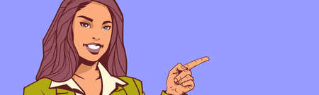 Smiling Business Woman Point Finger To Copy Space Background Horizontal Banner Vector Illustration.のイラスト素材