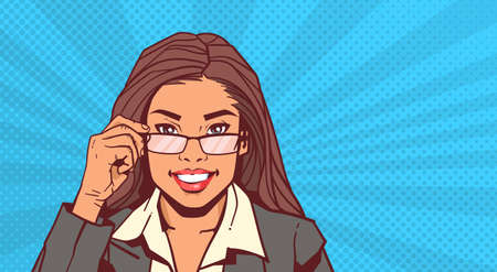 Portrait Of Attractive Business Woman Holding Glasses Over Pop Art Pinup Background Vintage Style Vector Illustration.のイラスト素材