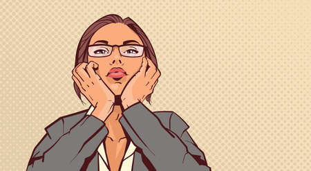 Portrait Of Attractive Business Woman Holding Head On Hands Over Pop Art Pinup Background Retro Style Vector Illustration.のイラスト素材
