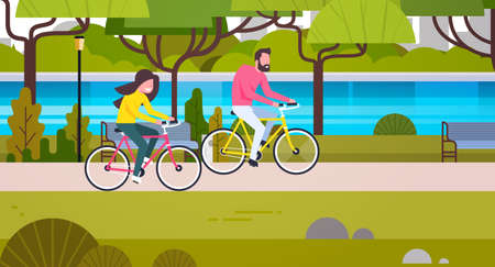 Couple Riding Bicycles In Public Park Man And Woman Cycling Outdoors Flat Vector Illustrationのイラスト素材
