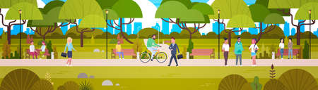 People Relaxing In Beautiful Urban Park Walking Riding Bicycle And Communicating Horizontal Banner Flat Vector Illustrationのイラスト素材