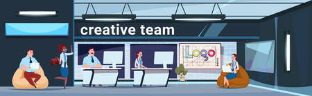 Creative Team Working In Modern Office Coworking Space Business People Group Brainstorming Flat Vector Illustrationのイラスト素材