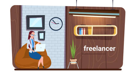Female Freelance Worker Using Laptop Compter Work In Modern Creative Office Space Flat Vector Illustrationのイラスト素材