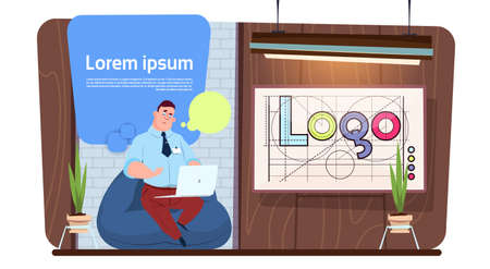 Man Office Worker Or Designer Using Laptop Computer Work In Modern Creative Space Flat Vector...