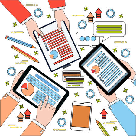 Business Workplace Top View, Businesspeople Work Process With Diagrams And Documents, Hands Holding Digital Tablets And Laptop Vector Illustrationのイラスト素材