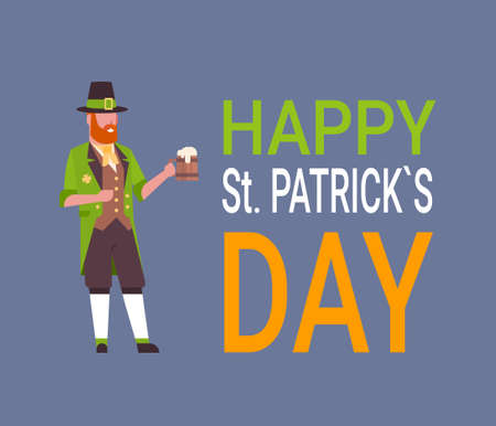 Happy St. Patrick's Day Card With Man In Green Leprechaun Suit Flat Vector Illustrationのイラスト素材