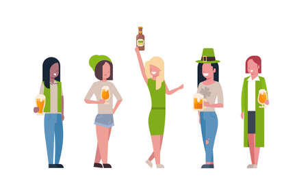 Group Of Mix Race Women In Green Clothes Drink Beer Celebrating Happy St. Patricks Day Isolated On White Background Flat Vector Illustrationのイラスト素材