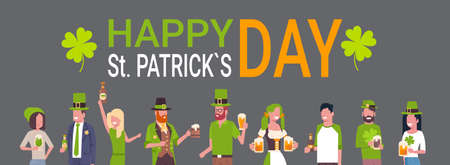 Happy St. Patricks Day Poster With People Wearing Traditional Green Irish Clothes And Drinking Beer...