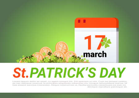 Happy St. Patricks Day Decoration Template Green Background Golden Coins And Calendar Page Flat Vector Illustrationのイラスト素材