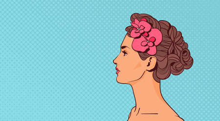 Beautiful Woman Profile View Elegant Attractive Female Over Pop Art Retro Background With Copy Space...