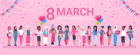 8 March Holiday Background With Happy Group Of Mix Race Woman And Decoration Horizontal Banner Flat Vector Illustration.のイラスト素材