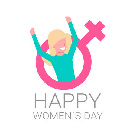 Happy Women's Day Greeting Card With Cheerful Girl Over Female Symbol On White Background Flat Vector Illustrationのイラスト素材