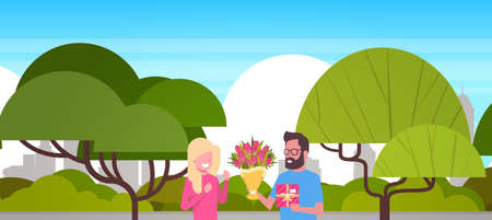 Man Present Girl Gift And Flowers For International Women Day 8 March Holiday Outdoors In Park Horizontal Banner Flat Vector Illustrationのイラスト素材