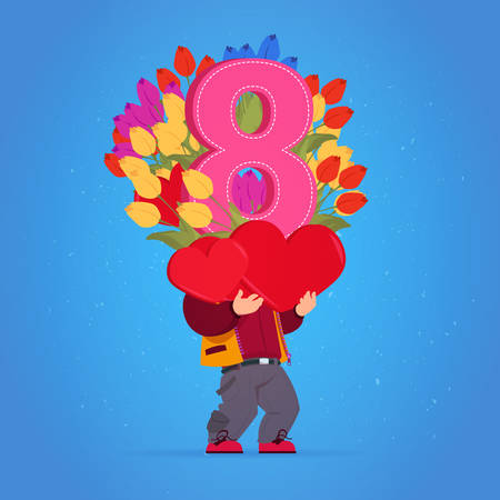 Man Holding Tulips Flowers And Red Hearts Happy Women Day 8 March Holiday Concept Flat Vector Illustrationのイラスト素材