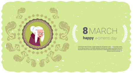 Happy Women Day Greeting Card With Cute Senior Lady Over Template Background 8 March Holiday Concept Flat Vector Illustrationのイラスト素材