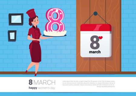 Girl Holding Cake For 8 March Holiday Happy Women Day Creative Greeting Poster Vector Illustrationのイラスト素材