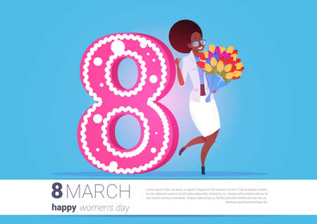 African American Girl Holding Bouquet Of Flowers Happy Women Day Greeting 8 March Holiday Flat Vector Illustration.のイラスト素材
