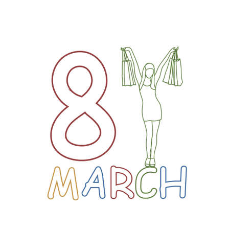 8 March Holiday Doodle Cheerful Silhouette Girl Shopping Bags Women Day Concept Vector Illustration.のイラスト素材