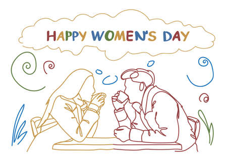 Silhouette Couple Sit At Table In Cafe Drink Coffee Together Doodle Happy Women Day Holiday Concept Vector Illustrationのイラスト素材