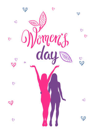 Women Day Concept 8 March Banner With Silhouette Girls Happy Joyful Doodle Background Vector Illustration.のイラスト素材