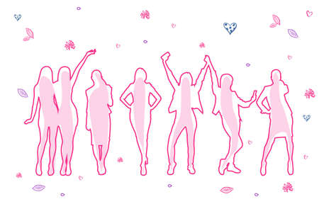 8 March Holiday Banner With Pink Silhouette Girls Embracing Doodle Vector Illustrationのイラスト素材