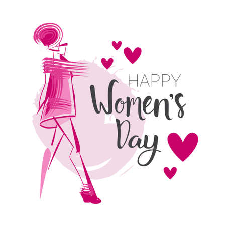 Happy Women Day Background 8 March Card With Hand Drawn Sketch Lettering Calligraphy Vector Illustration.のイラスト素材