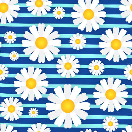 Chamomile Seamless Pattern With Flowers On Stripped Blue Background Beautiful Floral Ornament Vector Illustrationのイラスト素材