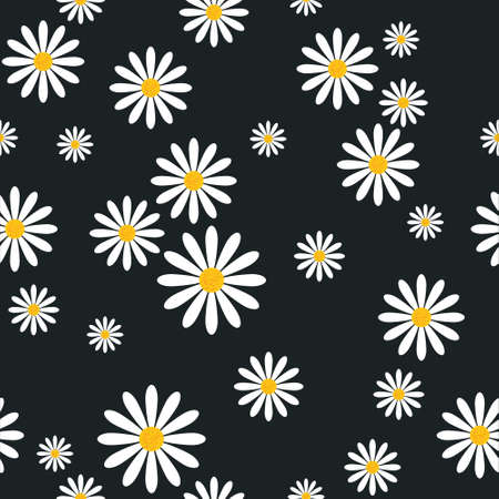 Seamless Pattern With Chamomile Flowers On Black Background Template Floral Ornament Vector Illustrationのイラスト素材