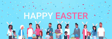 Happy Easter Poster With Group Of People Family Celebrating Spring Holiday Wear Bunny Ears Horizontal Banner Flat Vector Illustrationのイラスト素材