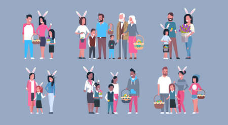 Set Of Families On Happy Easter Holiday Parents And Children Wearing Bunny Ears Flat Vector Illustrationのイラスト素材