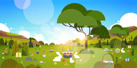 Beautiful Easter Holiday Background With Green Garden And Bunny Rabbit Eggs In Grass Vector Illustrationのイラスト素材