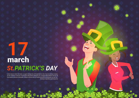 Man And African American Woman In Green Leprechaun Hats Over Saint Patrick Day Template Poster Background Flat Vector Illustrationのイラスト素材