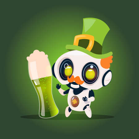 Cute Robot Hold Glass Of Beer Over Green Background St. Patrick's Day Celebration Concept Flat Vector Illustrationのイラスト素材
