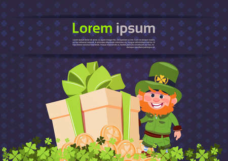 St. Patricks Day Card Background Template With Leprechaun Over Holding Present Box Flat Vector Illustrationのイラスト素材