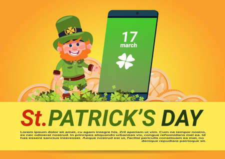 St. Patricks Day Background Template Leprechaun Man Over Green Smart Phone Flat Vector Illustrationのイラスト素材