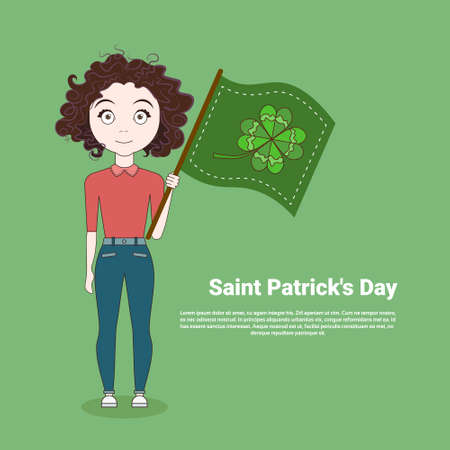 Young Girl Holding Green Flag With Clover Leaf Over Template Saint Patrick's Day Background Vector Illustrationのイラスト素材
