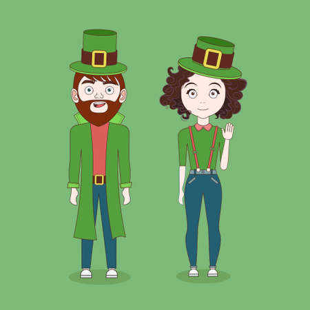 Man and woman wearing green leprechaun hats and Irish costumes Saint Patrick's day celebration background vector illustration.のイラスト素材