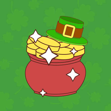Saint Patrick's Day Card With Treasure of Leprechaun, Pot Full of Golden Coins, Green Hat On Shamrock Background Vector Illustrationのイラスト素材