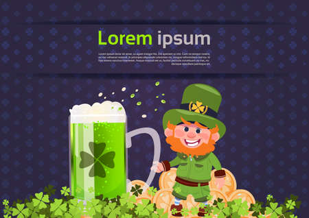 St. Patricks Day Card Background Template With Leprechaun Holding Glass Of Beer Flat Vector Illustrationのイラスト素材