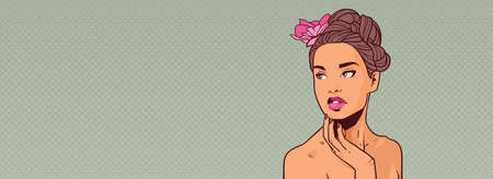 Portrait Of Attractive Girl With Elegant Hairstyle Over Pop Art Retro Background With Copy Space,...