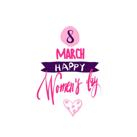 Happy Women Day Label Sketch Pink Lettering Hand Drawn Logo On White Background Vector Illustrationのイラスト素材